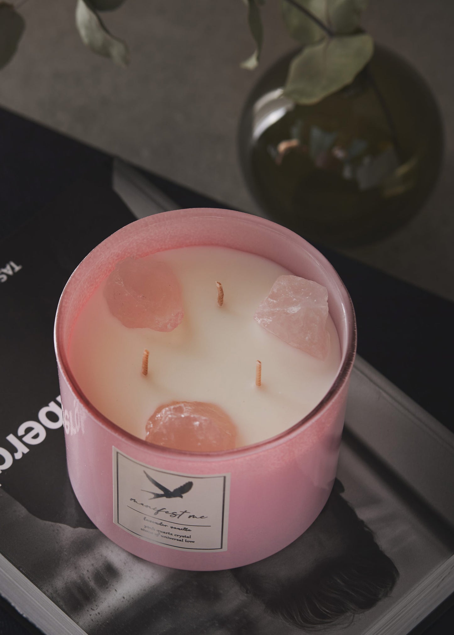 Manifest Me Lavender Vanilla Scented Pink Quartz Crystal Candle